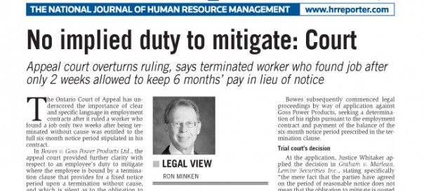 HR Reporter July 16, 2012 - No implied duty to mitigate